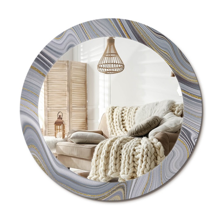 Kerek Tükör Kerettel És Nyomtatott Mintával, Decormat, Szürke Márvány, Szürke, Ø70 cm, Beltéri Dekorációs Elem,, 010090550100300020888