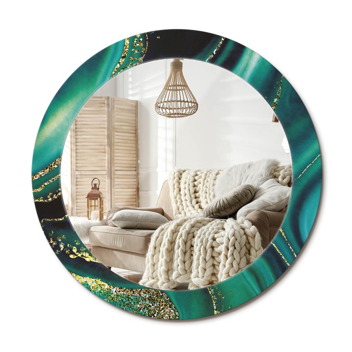Kerek Tükör Nyomtatással, Decormat, Smaragd Márvány, Aranyszín, Ø70 cm, Nappaliba És Szobába,, 010090550100300020893