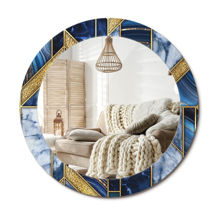 Kör Alakú Tükör Mintával, Decormat, Modern Márvány, Aranyszín, Ø70 cm, Stílusos Fali Dekoráció,, 010090550100300020906