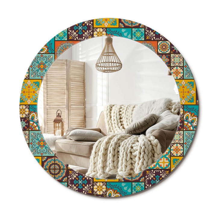 Kerek Tükör Nyomtatással, Decormat, Arab Minta, Többszínű, Ø70 cm, Nappaliba És Szobába,, 010090550100300020955