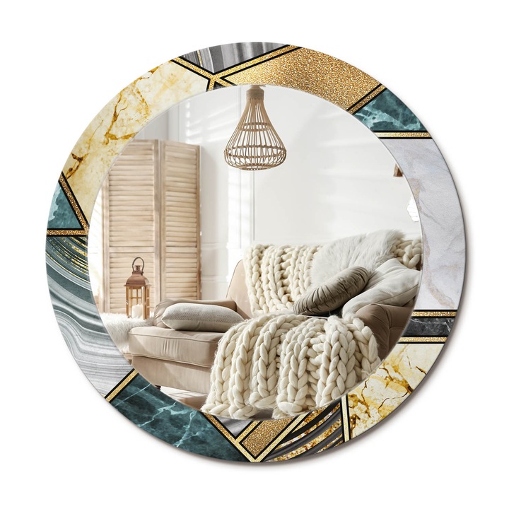 Kör Tükör Nyomtatott Mintával, Decormat, Márvány Stílus, Aranyszín, Ø70 cm, Fésülködőasztalhoz És Gardróbba,, 010090550100300020897