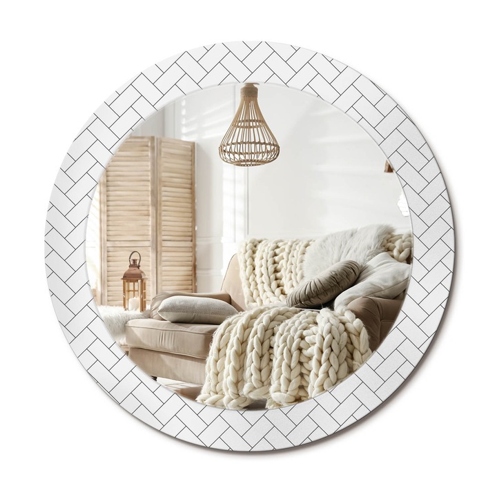 Kör Alakú Tükör Mintával, Decormat, Halszálkás, Fehér, Ø70 cm, Stílusos Fali Dekoráció,, 010090550100300020984