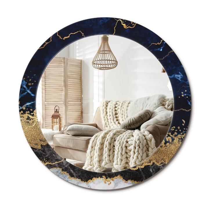 Kör Tükör Grafikai Mintával, Decormat, Kék Márvány, Aranyszín, Ø70 cm, Előszobába És Folyosóra,, 010090550100300020923