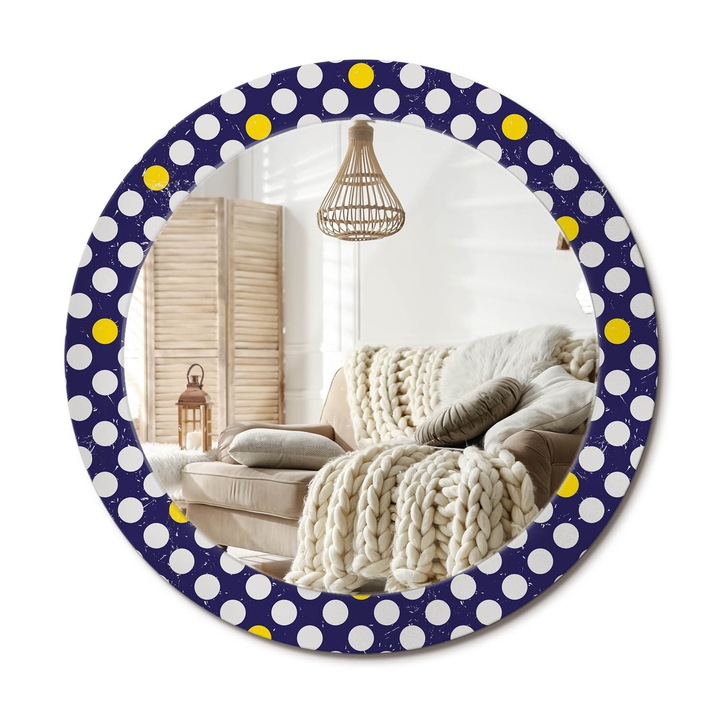 Kerek Tükör Kerettel És Nyomtatott Mintával, Decormat, Retro Pöttyös, Tengerészkék, Ø70 cm, Beltéri Dekorációs Elem,, 010090550100300072565