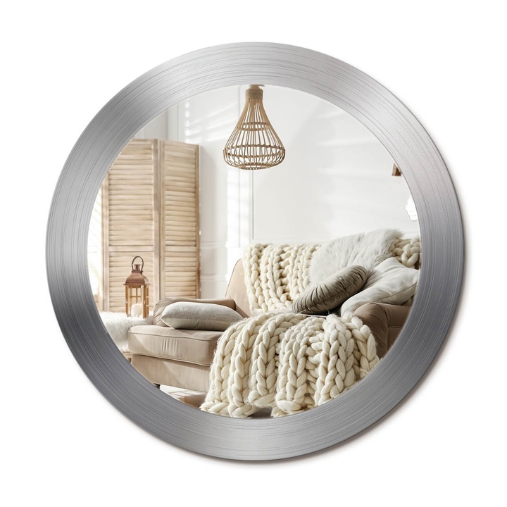 Kerek Fali Tükör Grafikával, Decormat, Fémutánzat, Ezüstszín, Ø70 cm, Különleges Kiegészítő Szobába,, 010090550100300072555