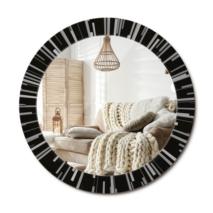 Kör Tükör Nyomtatott Mintával, Decormat, Sugárzó Kompozíció, Fekete és fehér, Ø70 cm, Fésülködőasztalhoz És Gardróbba,, 010090550100300072571