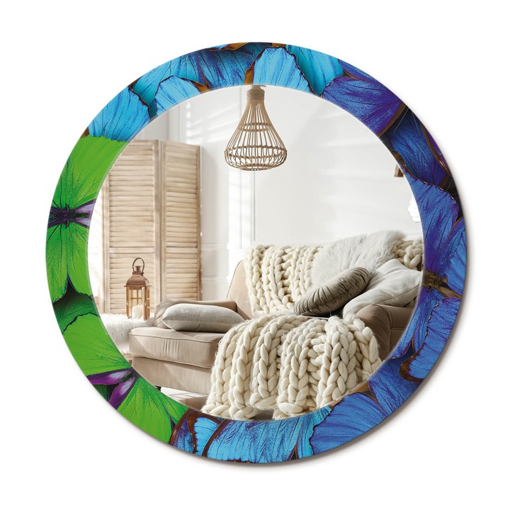 Kör Alakú Tükör Mintával, Decormat, Kék És Zöld Pillangó, Tengerészkék, Ø70 cm, Stílusos Fali Dekoráció,, 010090550100300072581