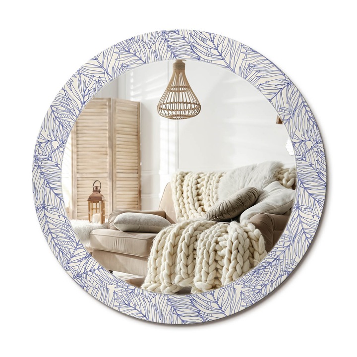 Kör Tükör Grafikai Mintával, Decormat, Trópusi Pálmafa Körvonala, Kék, Ø70 cm, Előszobába És Folyosóra,, 010090550100300072576