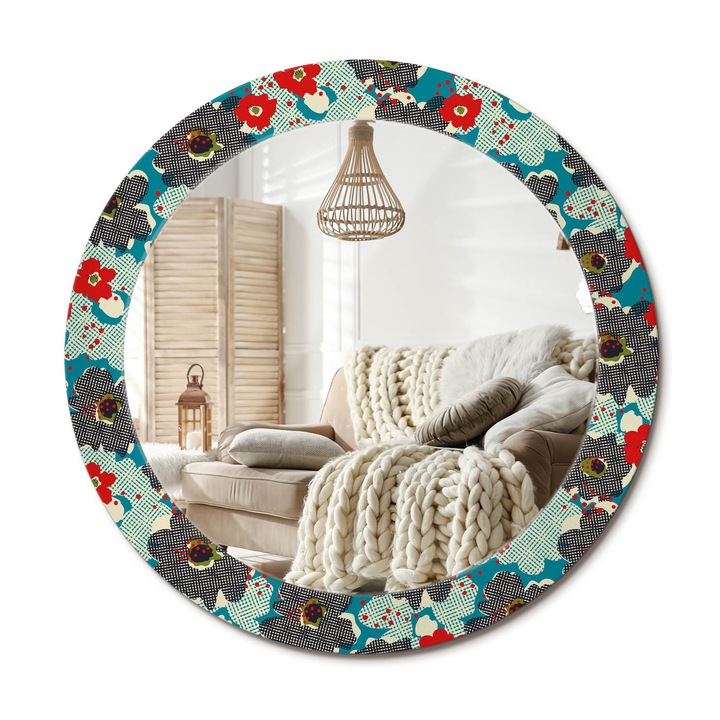 Kerek Tükör Kerettel És Nyomtatott Mintával, Decormat, Retro Virágmintás, Piros, Ø70 cm, Beltéri Dekorációs Elem,, 010090550100300072583