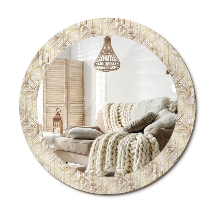 Kerek Fali Tükör Grafikával, Decormat, Art Deco Kompozíció, Fehér, Ø70 cm, Különleges Kiegészítő Szobába,, 010090550100300072590