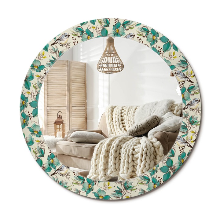 Kör Alakú Fali Tükör Nyomtatással, Decormat, Virágok És Madarak, Türkiz, Ø70 cm, Lakásdíszítő Fali Tükör,, 010090550100300031217