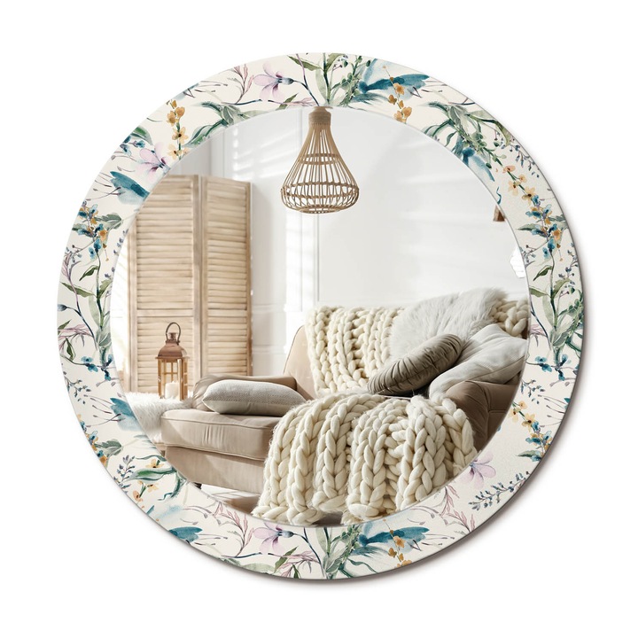 Kerek Tükör Nyomtatással, Decormat, Akvarell Virágok, Krémszín, Ø70 cm, Nappaliba És Szobába,, 010090550100300072595