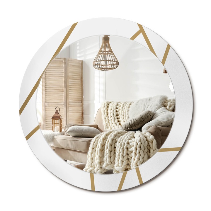 Kerek Tükör Grafikával, Decormat, Lineáris Kompozíció, Aranyszín, Ø70 cm, Sminkeléshez És Borotválkozáshoz,, 010090550100300072587