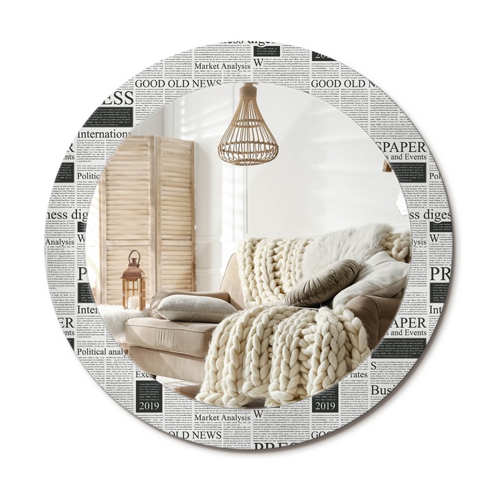 Kerek Tükör Kerettel És Nyomtatott Mintával, Decormat, Újságok, Fekete és fehér, Ø70 cm, Beltéri Dekorációs Elem,, 010090550100300072591
