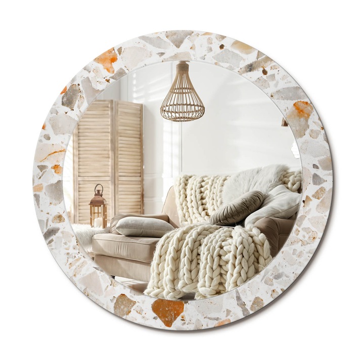 Kör Tükör Nyomtatott Mintával, Decormat, Terrazzo Stílus, Fehér, Ø70 cm, Fésülködőasztalhoz És Gardróbba,, 010090550100300072588