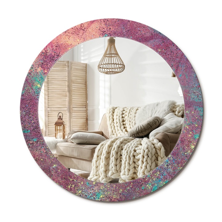 Kerek Fali Tükör Grafikával, Decormat, Színek Fesztiválja, Lila, Ø70 cm, Különleges Kiegészítő Szobába,, 010090550100300072582