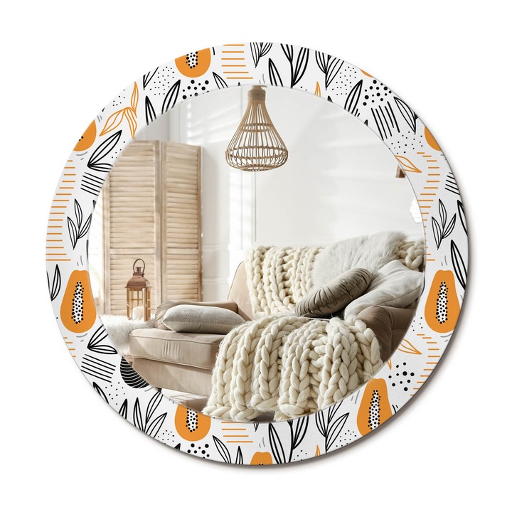 Kerek Fali Tükör Grafikával, Decormat, Papayák, Narancssárga, Ø70 cm, Különleges Kiegészítő Szobába,, 010090550100300072599