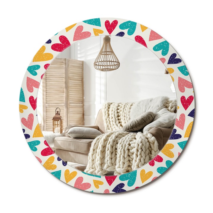 Kerek Tükör Nyomtatással, Decormat, Színes Szívek, Többszínű, Ø70 cm, Nappaliba És Szobába,, 010090550100300072613