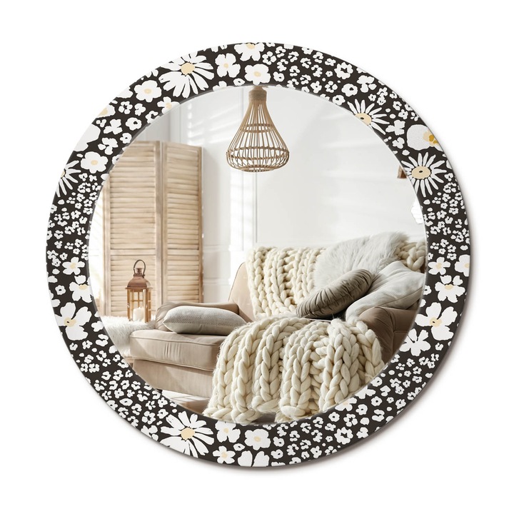 Kerek Tükör Kerettel És Nyomtatott Mintával, Decormat, Margaréták, Fekete és fehér, Ø70 cm, Beltéri Dekorációs Elem,, 010090550100300072617
