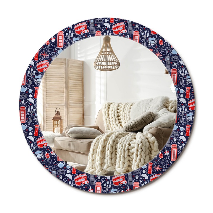 Kerek Fali Tükör Nyomtatott Mintával, Decormat, London, Többszínű, Ø70 cm, Nappali Szoba Díszítésére,, 010090550100300072603
