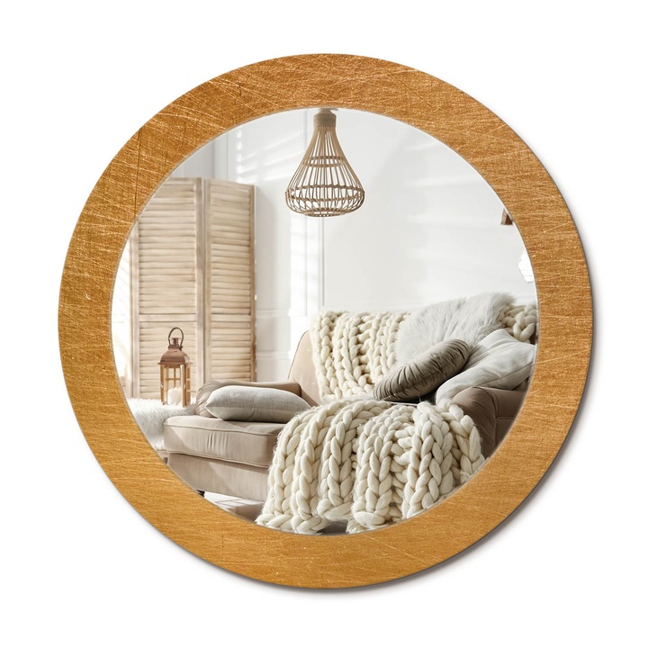 Kör Alakú Tükör Mintával, Decormat, Vintage Loft Stílus, Aranyszín, Ø70 cm, Stílusos Fali Dekoráció,, 010090550100300072607