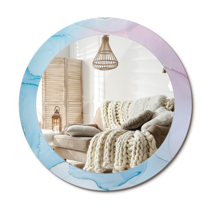 Kerek Tükör Kerettel És Nyomtatott Mintával, Decormat, Márvány Stílus, Kék, Ø70 cm, Beltéri Dekorációs Elem,, 010090550100300072600