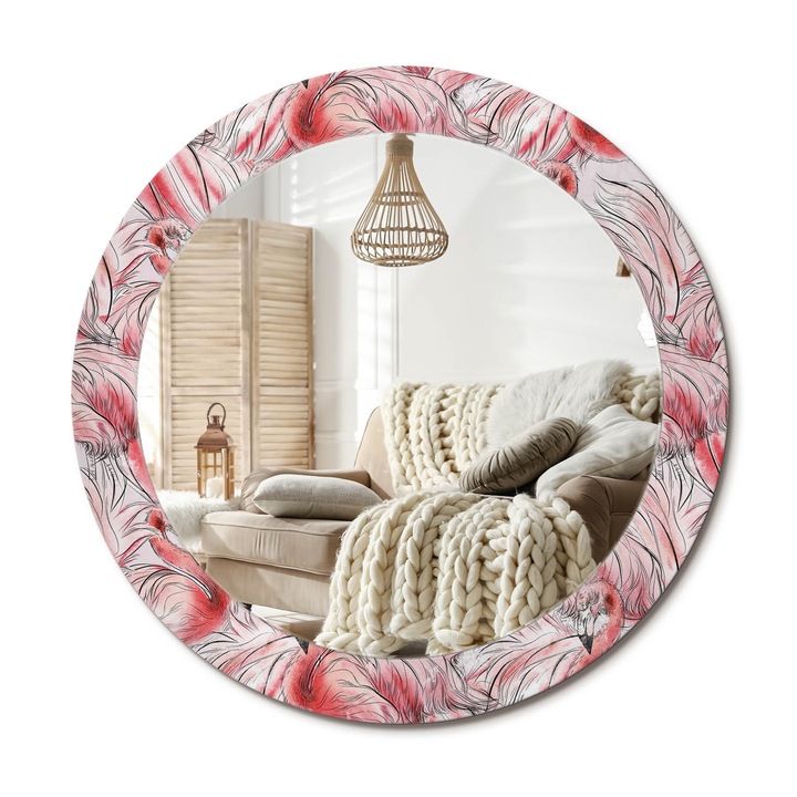 Kerek Tükör Grafikával, Decormat, Flamingók, Rózsaszín, Ø70 cm, Sminkeléshez És Borotválkozáshoz,, 010090550100300072605