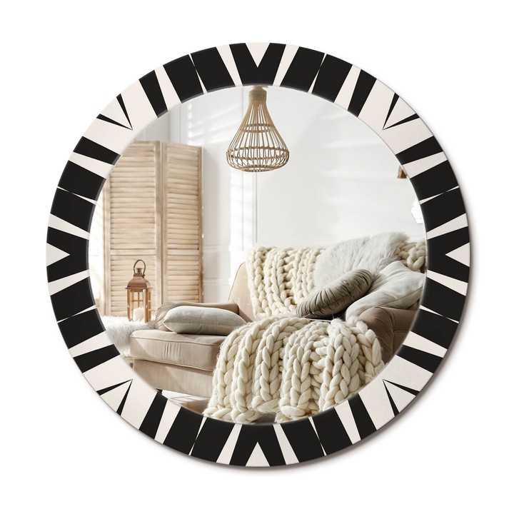 Kerek Tükör Grafikával, Decormat, Absztrakt Geometria, Fekete és fehér, Ø70 cm, Sminkeléshez És Borotválkozáshoz,, 010090550100300072614