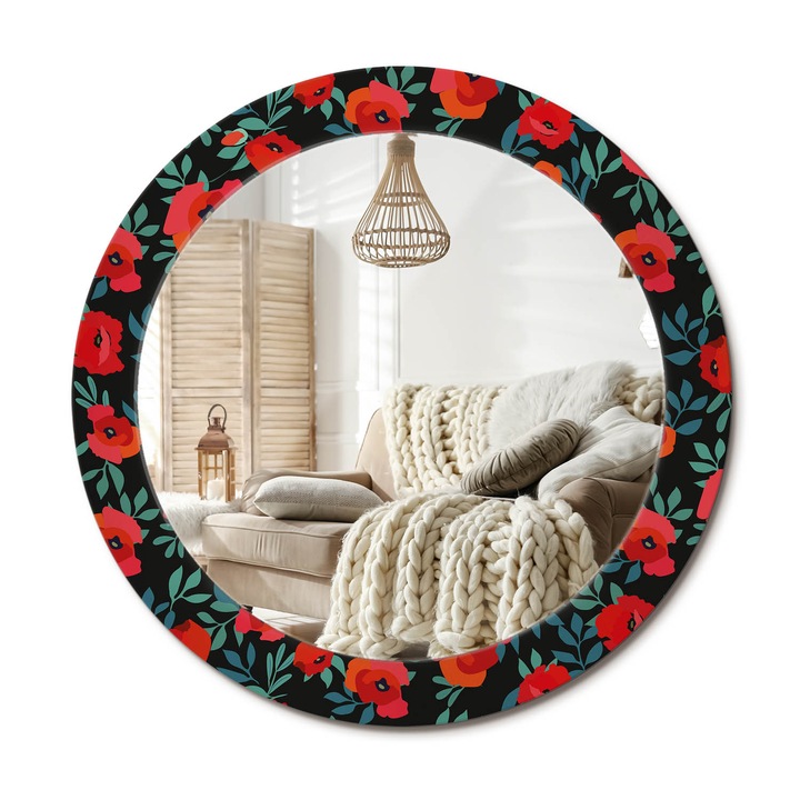 Kör Tükör Nyomtatott Mintával, Decormat, Piros Pipacs, Piros, Ø70 cm, Fésülködőasztalhoz És Gardróbba,, 010090550100300072615