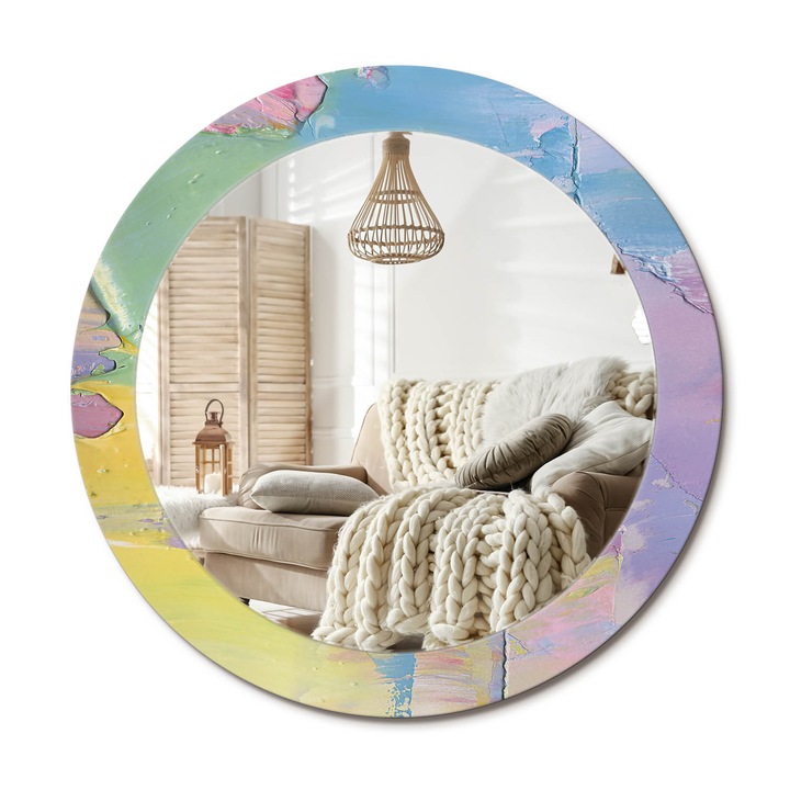 Kör Alakú Fali Tükör Nyomtatással, Decormat, Olajfesték Textúra, Többszínű, Ø70 cm, Lakásdíszítő Fali Tükör,, 010090550100300072618