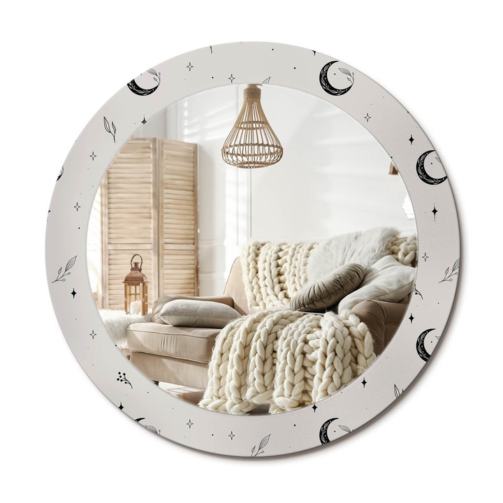 Kerek Fali Tükör Grafikával, Decormat, Doodle Növények, Fehér, Ø70 cm, Különleges Kiegészítő Szobába,, 010090550100300072625