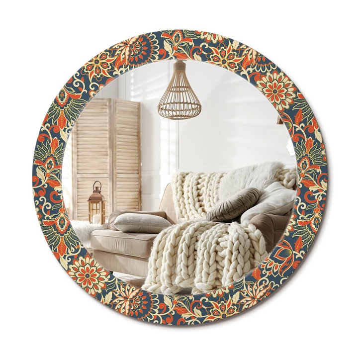 Kör Tükör Nyomtatott Mintával, Decormat, Retro Virágok, Narancssárga, Ø70 cm, Fésülködőasztalhoz És Gardróbba,, 010090550100300072623