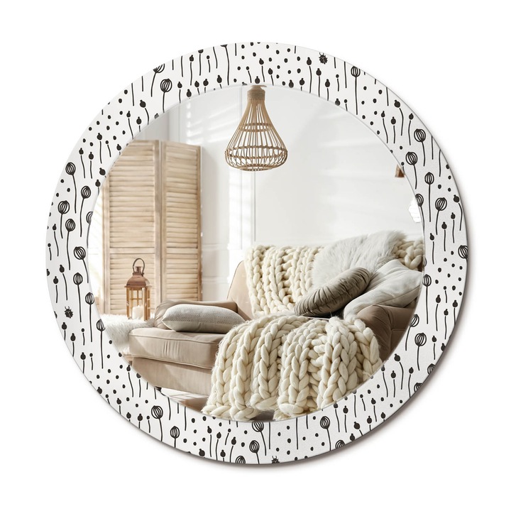 Kerek Fali Tükör Grafikával, Decormat, Virágrajz, Fekete és fehér, Ø70 cm, Különleges Kiegészítő Szobába,, 010090550100300072616