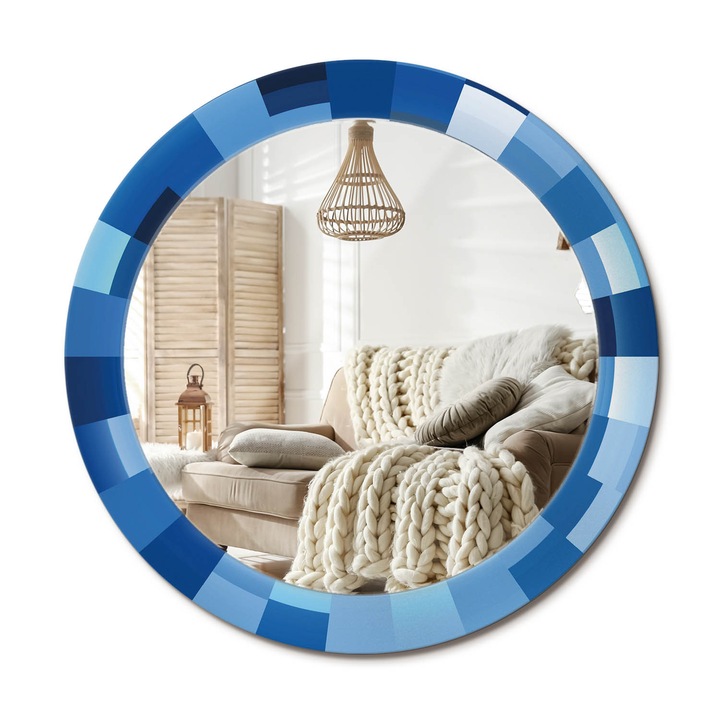 Kerek Tükör Grafikával, Decormat, Kék Absztrakt, Kék, Ø70 cm, Sminkeléshez És Borotválkozáshoz,, 010090550100300072622