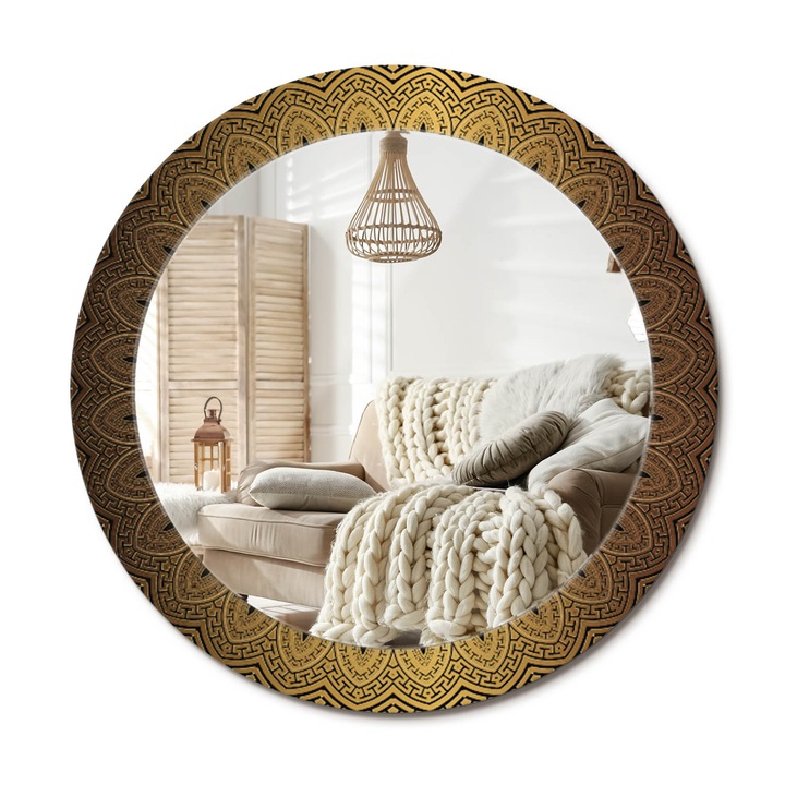 Kerek Tükör Kerettel És Nyomtatott Mintával, Decormat, Görög Dísz, Aranyszín, Ø70 cm, Beltéri Dekorációs Elem,, 010090550100300072626