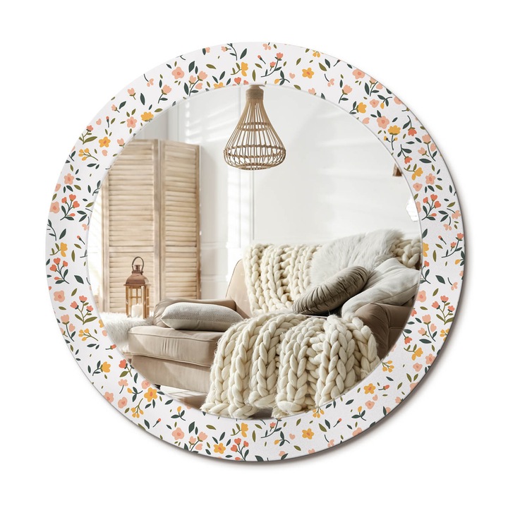 Kör Alakú Fali Tükör Nyomtatással, Decormat, Kis Virágok, Fehér, Ø70 cm, Lakásdíszítő Fali Tükör,, 010090550100300072627