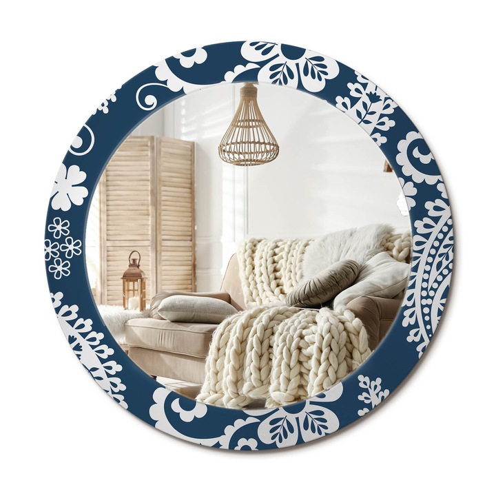 Kerek Tükör Kerettel És Nyomtatott Mintával, Decormat, Paisley Kompozíció, Kék, Ø70 cm, Beltéri Dekorációs Elem,, 010090550100300072635