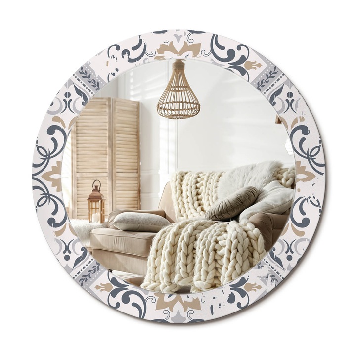 Kör Alakú Fali Tükör Nyomtatással, Decormat, Retró Csempék, Szürke, Ø70 cm, Lakásdíszítő Fali Tükör,, 010090550100300072636