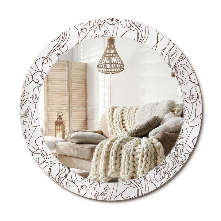 Kerek Tükör Grafikával, Decormat, Arcok A Vonalról, Fehér, Ø70 cm, Sminkeléshez És Borotválkozáshoz,, 010090550100300072631