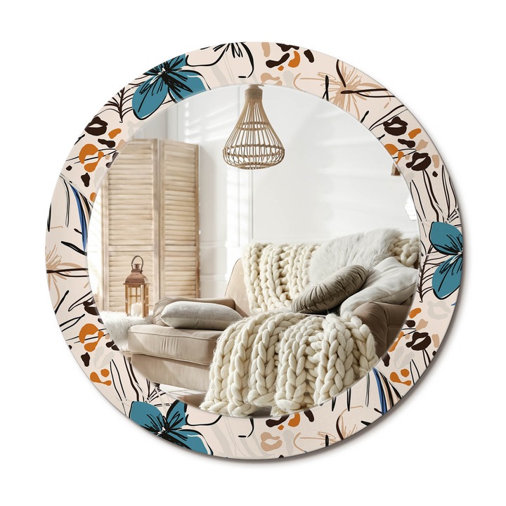 Kör Tükör Grafikai Mintával, Decormat, Dzsungelmintás Virágok, Krémszín, Ø70 cm, Előszobába És Folyosóra,, 010090550100300072628