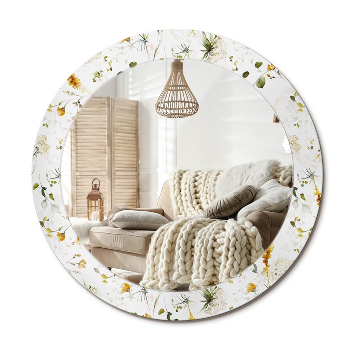 Kerek Tükör Kerettel És Nyomtatott Mintával, Decormat, Vadvirágok, Fehér, Ø70 cm, Beltéri Dekorációs Elem,, 010090550100300072644