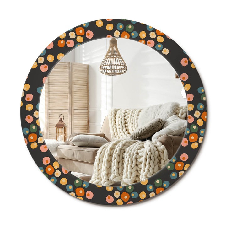 Kerek Tükör Grafikával, Decormat, Virágpöttyök, Narancssárga, Ø70 cm, Sminkeléshez És Borotválkozáshoz,, 010090550100300072649