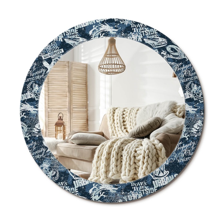 Kerek Fali Tükör Nyomtatott Mintával, Decormat, New York-I Kollázs, Kék, Ø70 cm, Nappali Szoba Díszítésére,, 010090550100300072647