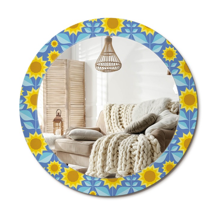 Kör Alakú Tükör Mintával, Decormat, Geometrikus Napraforgók, Kék, Ø70 cm, Stílusos Fali Dekoráció,, 010090550100300072651