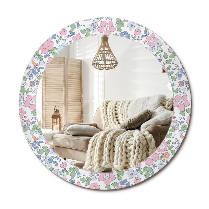 Kerek Fali Tükör Grafikával, Decormat, Színes Virágok, Rózsaszín, Ø70 cm, Különleges Kiegészítő Szobába,, 010090550100300072643