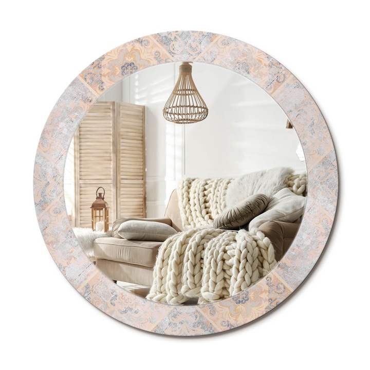 Kör Alakú Fali Tükör Nyomtatással, Decormat, Kopott Csempék, Krémszín, Ø70 cm, Lakásdíszítő Fali Tükör,, 010090550100300072654