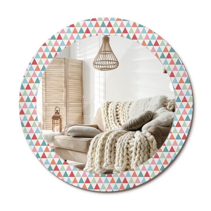 Kerek Tükör Grafikával, Decormat, Geometrikus Minta, Többszínű, Ø70 cm, Sminkeléshez És Borotválkozáshoz,, 010090550100300029324