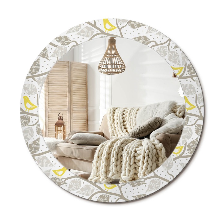 Kerek Tükör Kerettel És Nyomtatott Mintával, Decormat, Sárga Madarak Az Ágakon, Fehér, Ø70 cm, Beltéri Dekorációs Elem,, 010090550100300030007