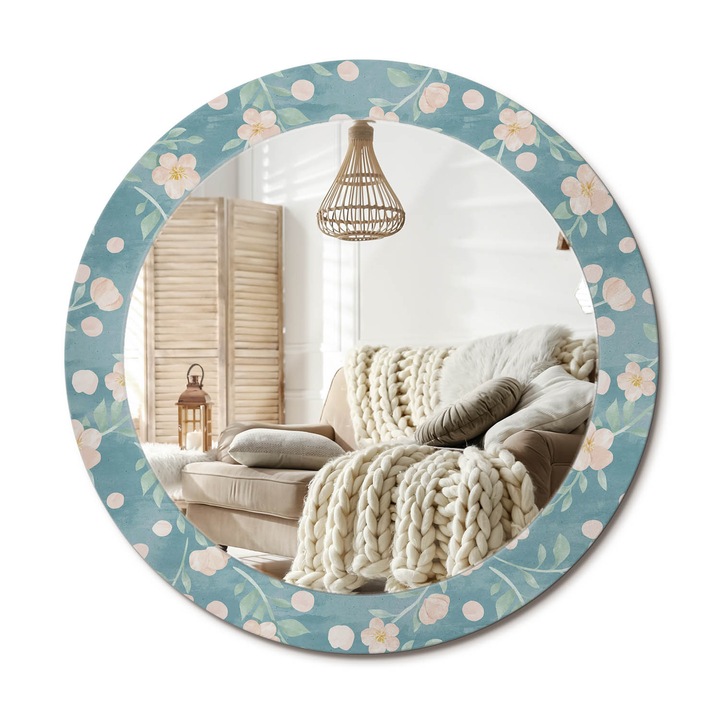 Kör Tükör Nyomtatott Mintával, Decormat, Virágminta, Kék, Ø70 cm, Fésülködőasztalhoz És Gardróbba,, 010090550100300029446