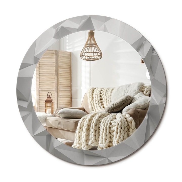 Kerek Fali Tükör Grafikával, Decormat, Absztrakt Fehér Kristály, Szürke, Ø70 cm, Különleges Kiegészítő Szobába,, 010090550100300030905
